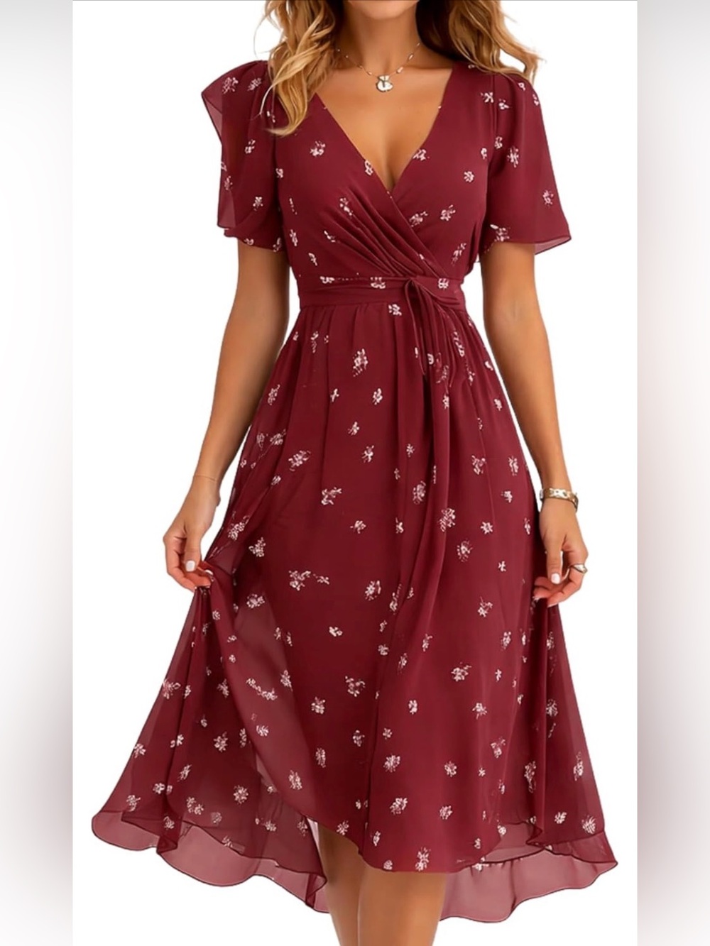 Amazon Burgundy Floral Wrap Midi Dress with Tie Waist